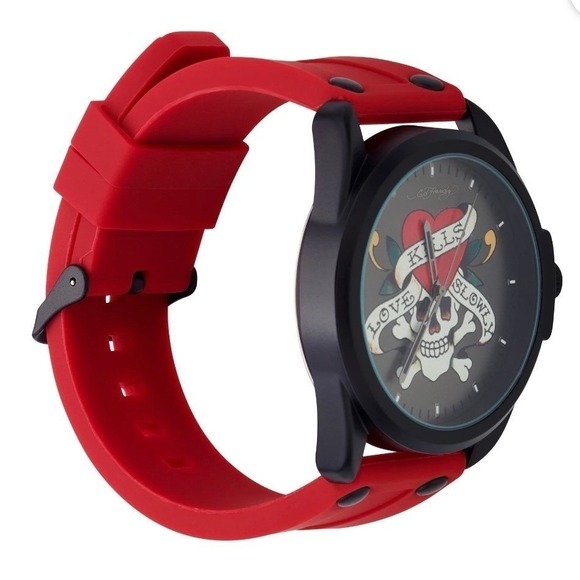 Ed Hardy Love Kills Slowly Mens Watch Red Silicone Strap Black Case 50459 Quartz - Picture 2 of 4